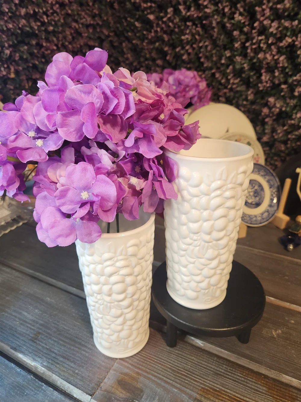 White Textured Ceramic Vase Pair - Floral Bubble Relief
